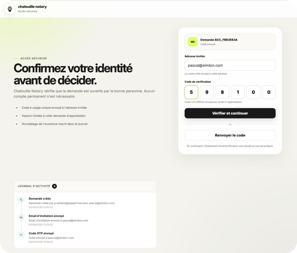 Accès sécurisé Chatouille Notary — confirmation d’identité par code