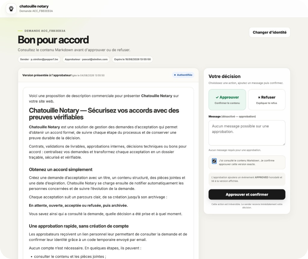 Écran d’approbation Chatouille Notary — bon pour accord
