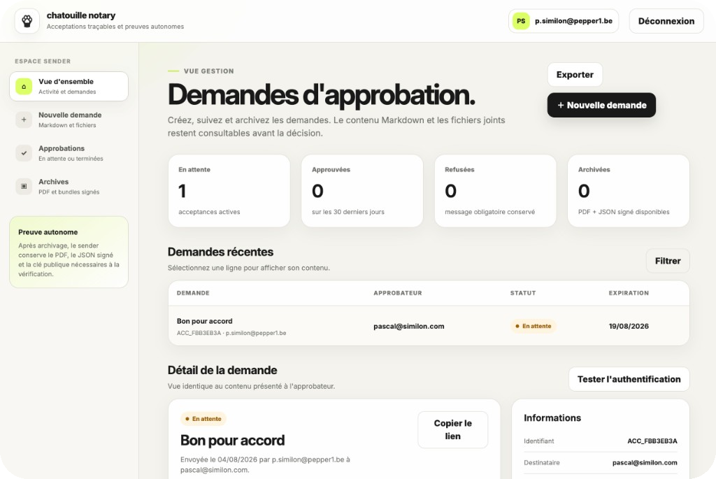 Tableau de bord Chatouille Notary — suivi des demandes d’approbation